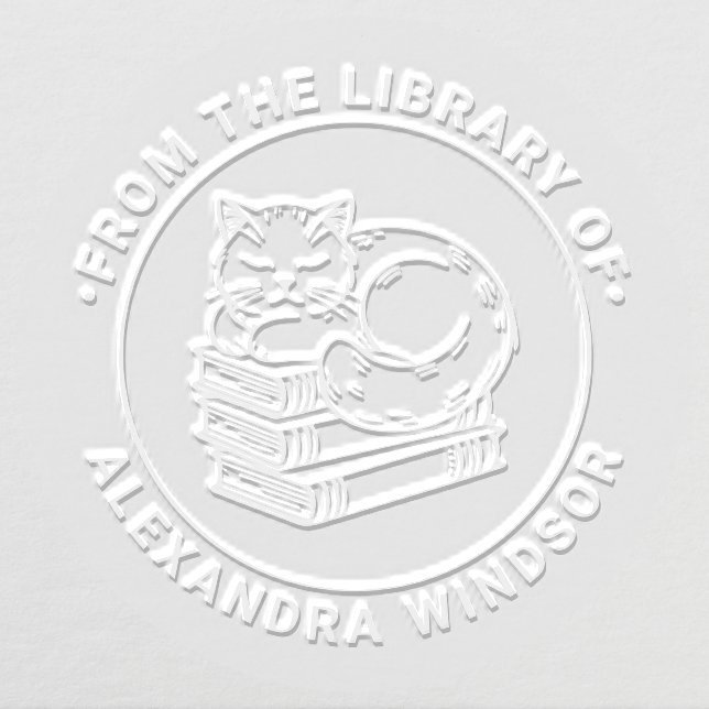 Cat Sleeping on Pile of Books - Library Book Name Embosser (Design)