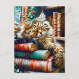 Cat Sleeping on Pile of Books Postcard