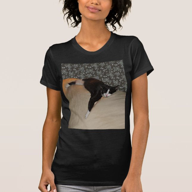 Cat Sleeping on top of Couch Womens Dark T-Shirt (Front)