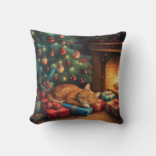 Cat sleeping peacefully under a Christmas tree Throw Pillow
