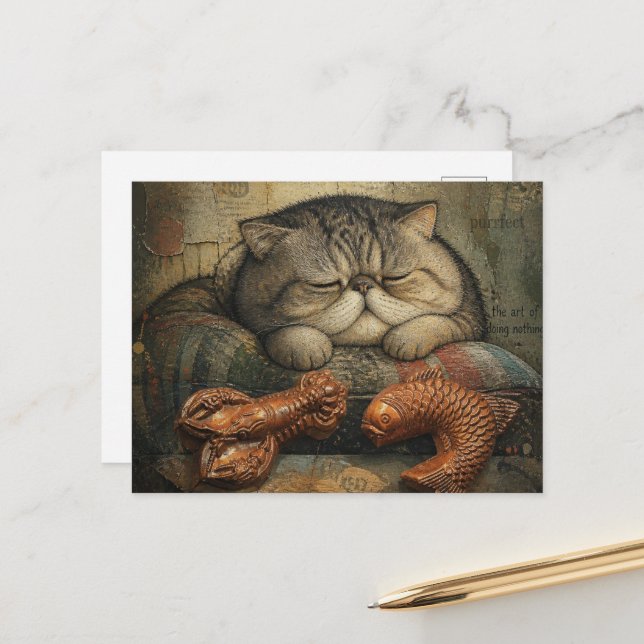 Cat Sleeping With Lobster and Fish Postcard (Front/Back In Situ)