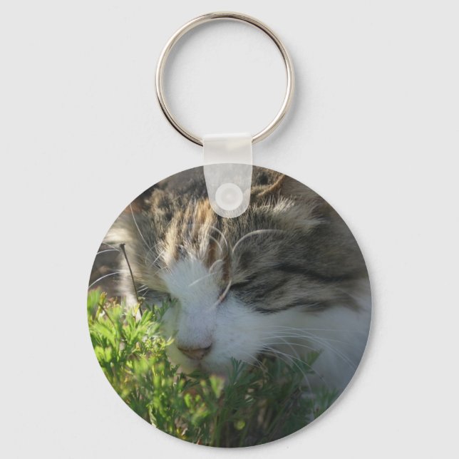 Cat Smelling a Plant Keychain (Front)