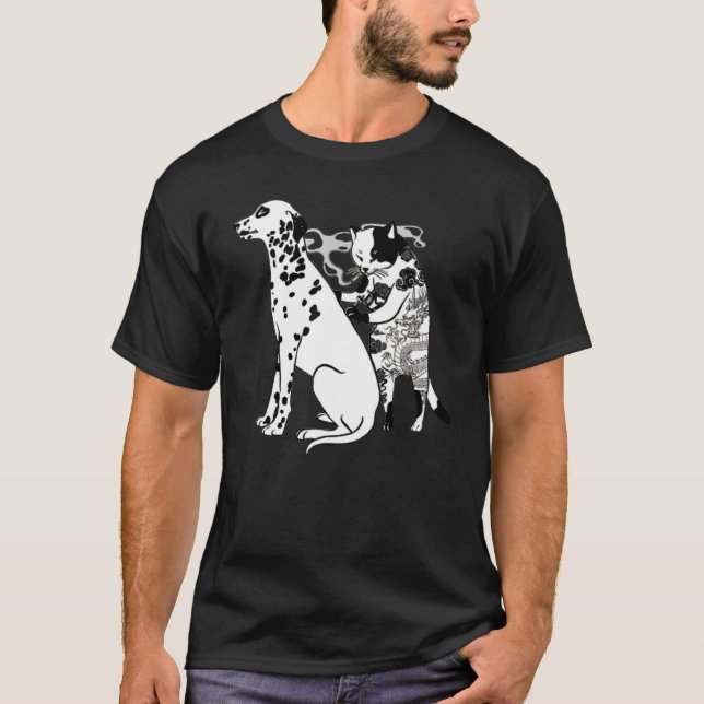 Cat Smoking And Dalmatian Dog Tattoo T-Shirt (Front)