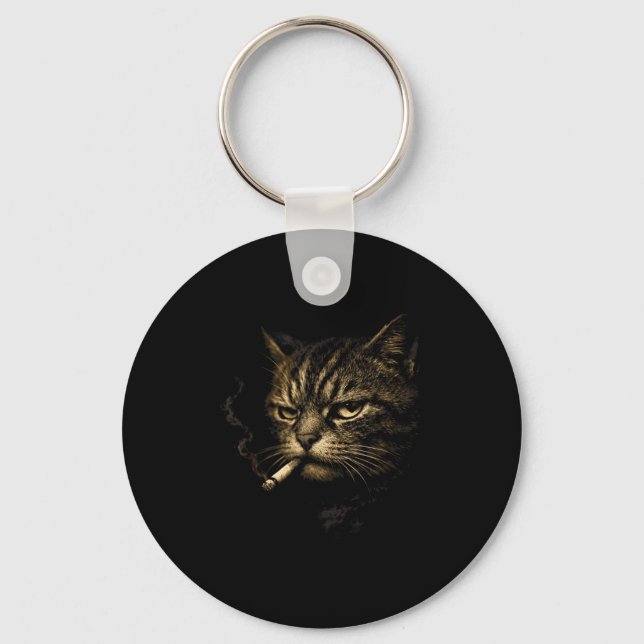 Cat smoking cigarette retro sketch funny meme for keychain (Front)
