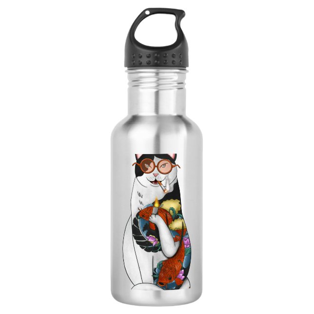 cat smoking stainless steel water bottle (Front)