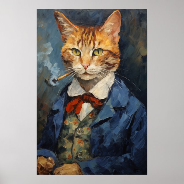 cat smoking Tobacco pipe art print, cat painting Poster (Front)