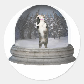 Cat snowglobe classic round sticker