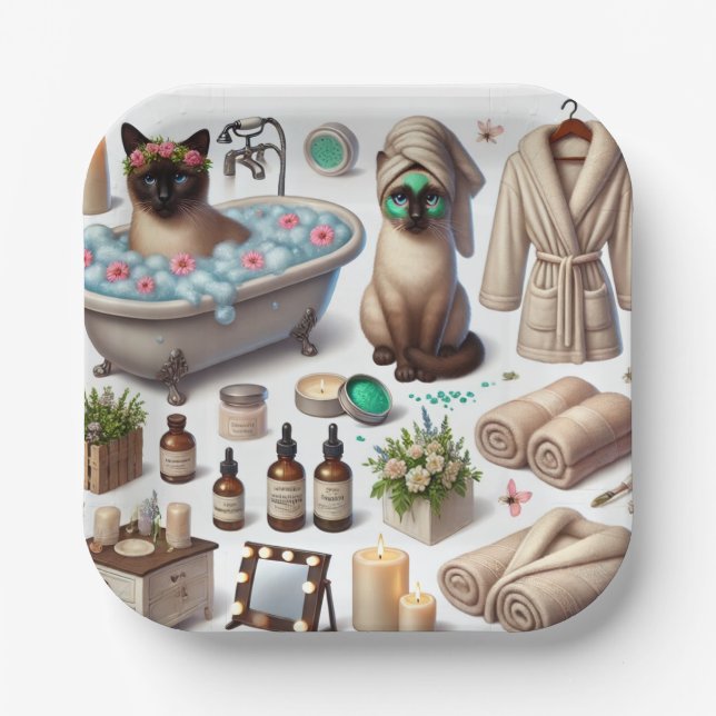 Cat Spa themed for Siamese Cat Lovers Paper Plates (Front)