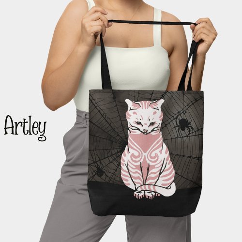 Cat spider pretty black pink gothic tote bag 