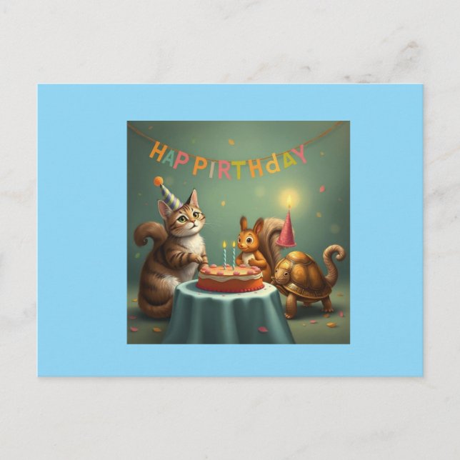 Cat,squirrel and turtle happy birthday fantasy holiday postcard (Front)