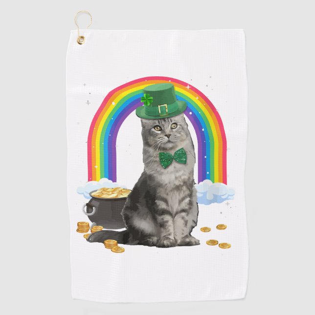 Cat St Patricks Day Leprechaun Costume Shamrock Gi Golf Towel (Front)