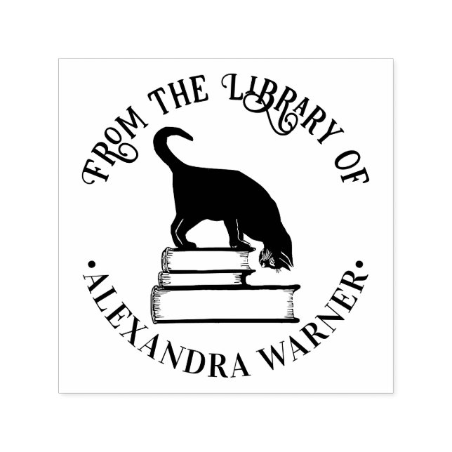 Cat Standing on Books Round Library Book Name Self-inking Stamp (Design)