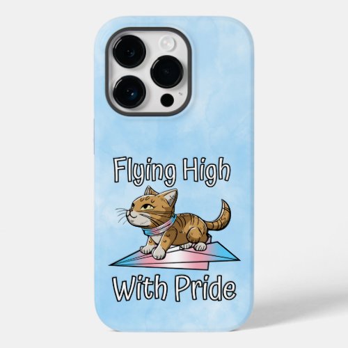Cat Stands on Paper Plane in Trans Flag Colors Case_Mate iPhone 14 Pro Case