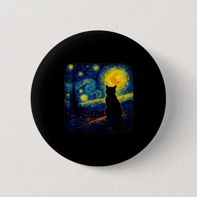 Cat Starry Funny Night Cat Lover Van Gogh Cat Mom  Button (Front)
