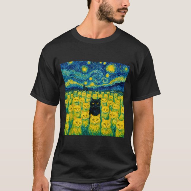 Cat Starry Night Van Gogh Cat For Cat Lover  T-Shirt (Front)