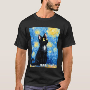 Cat Starry Night Van Gogh Cat Funny Black Cat Art  T-Shirt