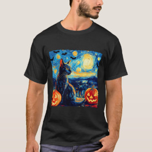 Cat Starry Night Van Gogh Cat Lover Bats Pumpkins T-Shirt