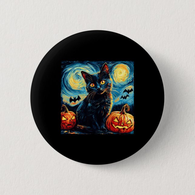 Cat Starry Night Van Gogh Cat Lover Pumpkins Bats  Button (Front)