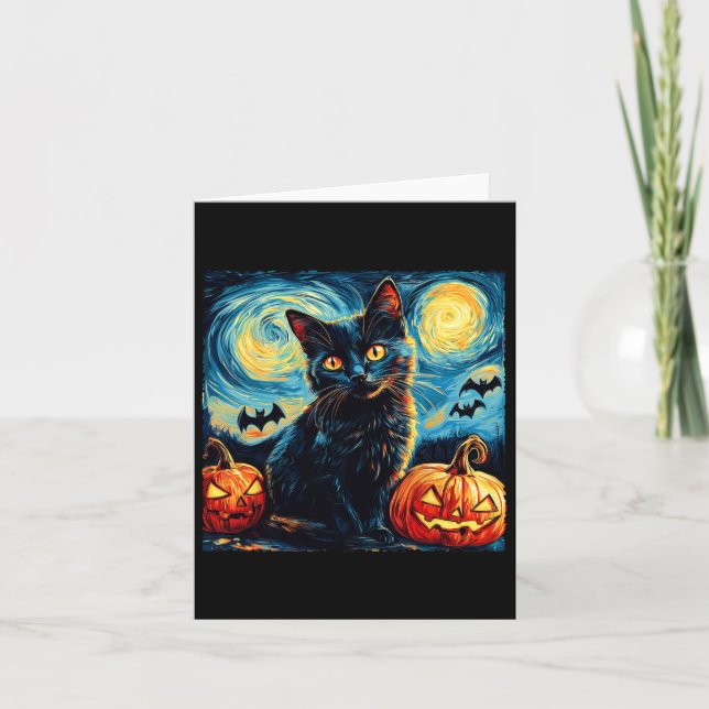 Cat Starry Night Van Gogh Cat Lover Pumpkins Bats  Card (Front)