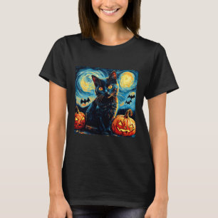Cat Starry Night Van Gogh Cat Lover Pumpkins Bats  T-Shirt