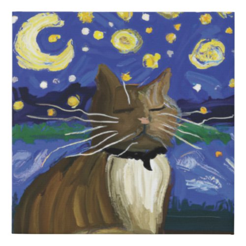 Cat Starry Night Van Gogh   Faux Canvas Print