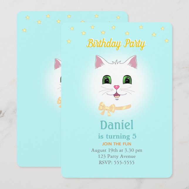 Cat & Stars on Light Blue Boy Birthday Invitation (Front/Back)