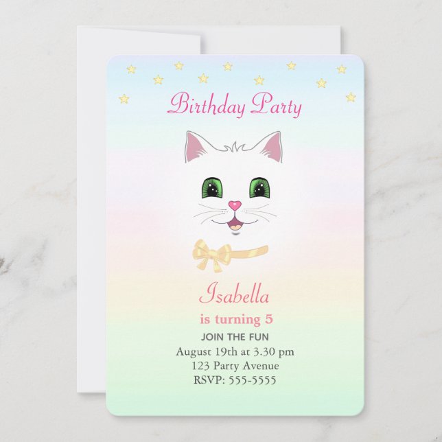 Cat & Stars on Pastel Colors Birthday Invitation (Front)