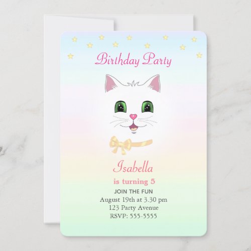 Cat  Stars on Pastel Colors Birthday Invitation