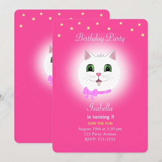 Cat & Stars on Pink Girl Birthday Invitation (Front/Back)