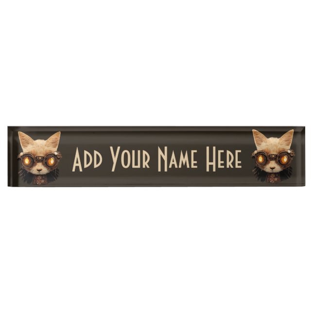 Cat Steampunk Gothic Retro Kitty Portrait Desk Name Plate (Front)