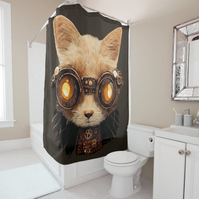 Cat Steampunk Gothic Retro Kitty Portrait Shower Curtain (In Situ)