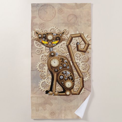 Cat Steampunk Vintage Retro Style Machine  Beach Towel