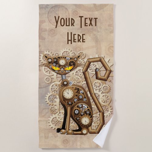 Cat Steampunk Vintage Retro Style Machine  Beach Towel