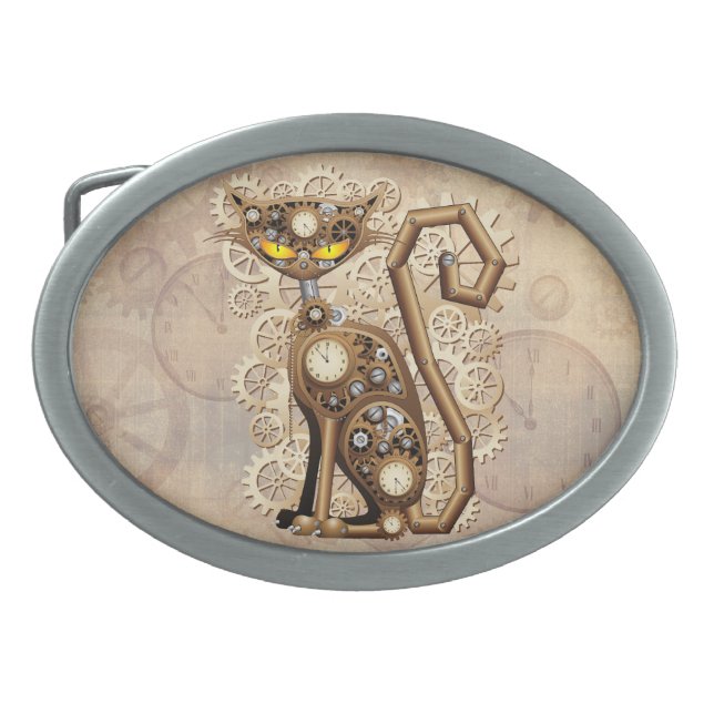 Cat Steampunk Vintage Retro Style Machine  Belt Buckle (Front)