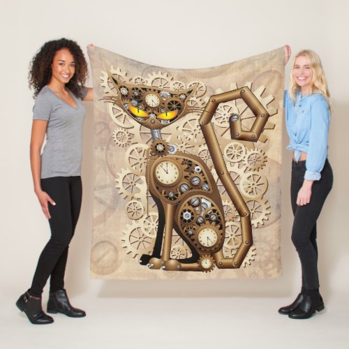 Cat Steampunk Vintage Retro Style Machine  Fleece Blanket