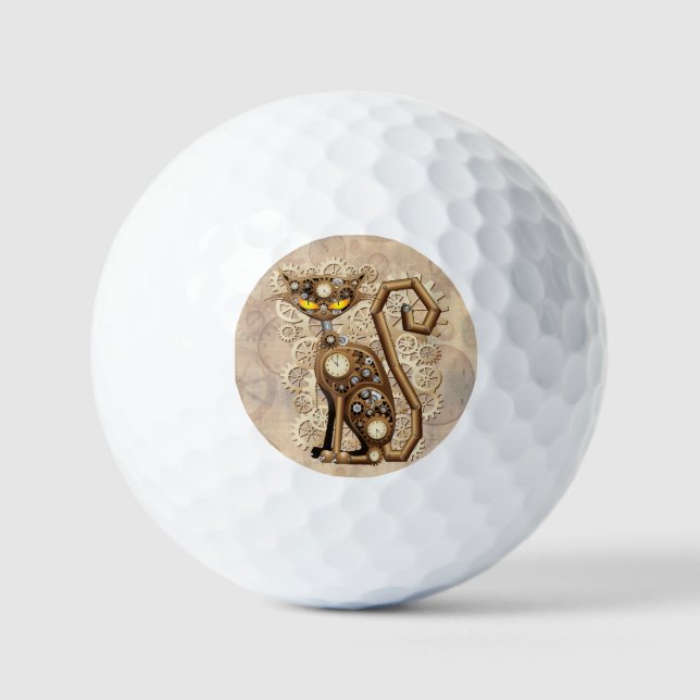 Cat Steampunk Vintage Retro Style Machine  Golf Balls (Front)