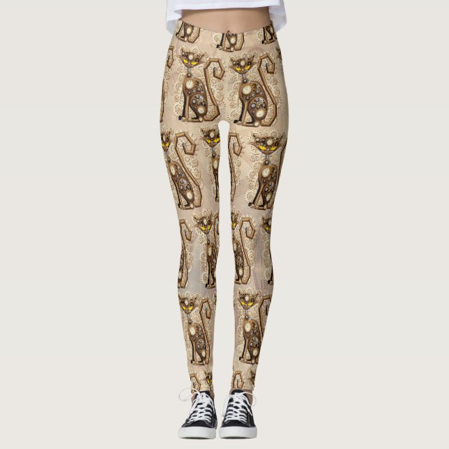 Cat Steampunk Vintage Retro Style Machine  Leggings (Front)