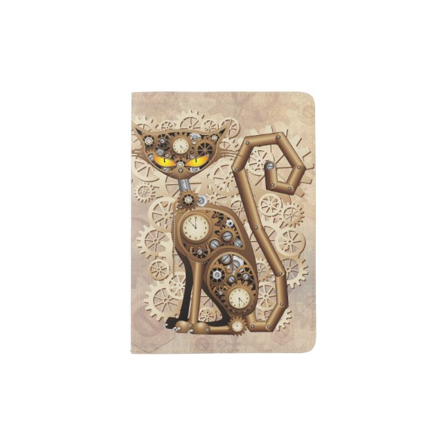 Cat Steampunk Vintage Retro Style Machine  Passport Holder (Front)