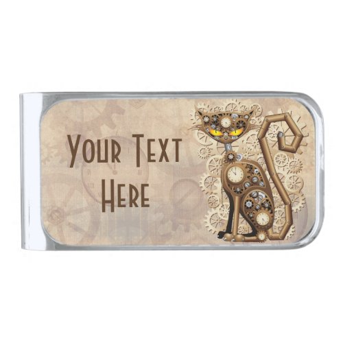 Cat Steampunk Vintage Retro Style Machine  Silver Finish Money Clip