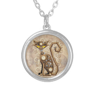 Cat Steampunk Vintage Retro Style Machine  Silver Plated Necklace