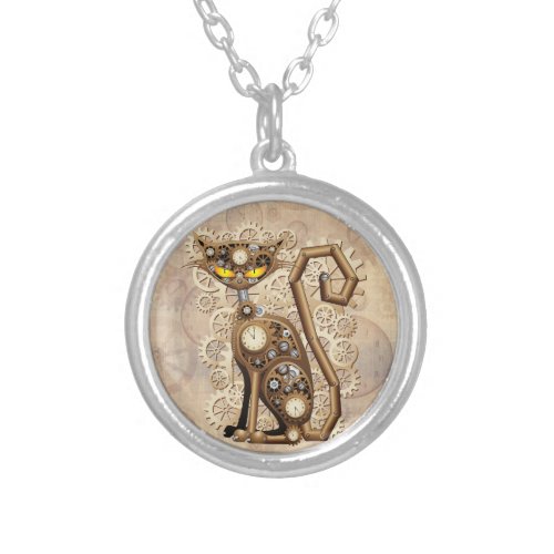 Cat Steampunk Vintage Retro Style Machine  Silver Plated Necklace