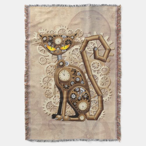 Cat Steampunk Vintage Retro Style Machine  Throw Blanket