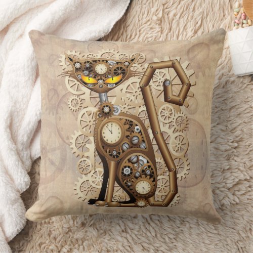 Cat Steampunk Vintage Retro Style Machine  Throw Pillow