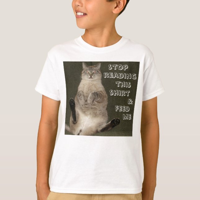Cat STOP READING SHIRT & FEED ME Kids Basic Tee (Front)