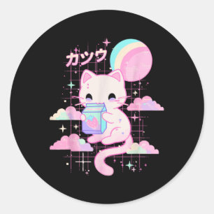 Cat Strawberry Milk Anime 90s Japanese Cat Japan Classic Round Sticker