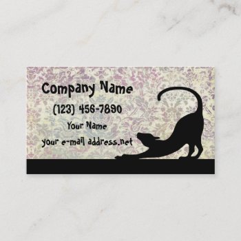 Cat Stretching Floral Background Business Card by timelesscreations at Zazzle