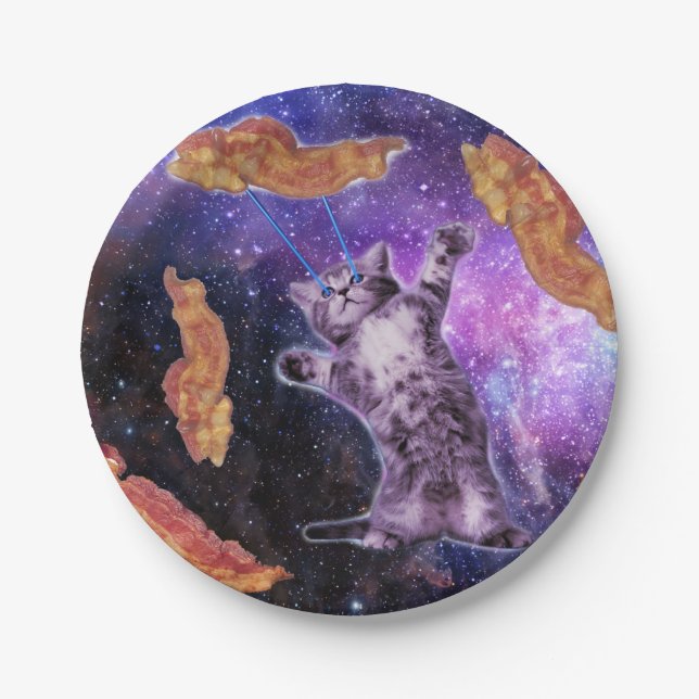 Cat struck bacon with laser eye paper plates (Front)