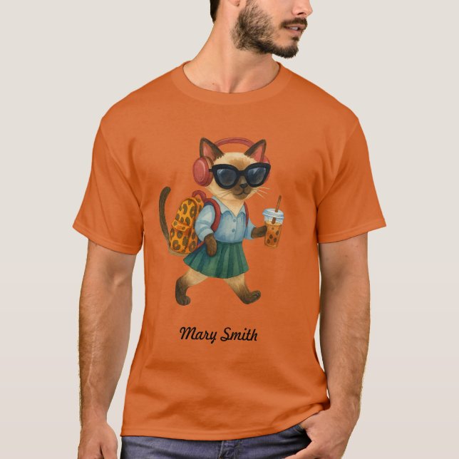 Cat Student Back to School  Head phone bubble tea T-Shirt (Front)