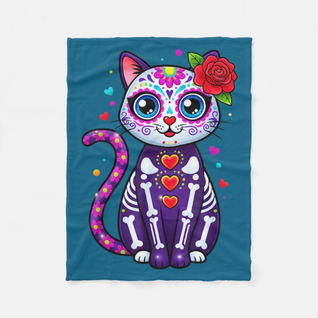 Cat Sugar Skull Cute Cat For Cat Lover Cat-m  Fleece Blanket (Front)