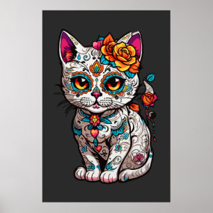 Cat Sugar Skull Halloween, Dia de los Muertos Poster